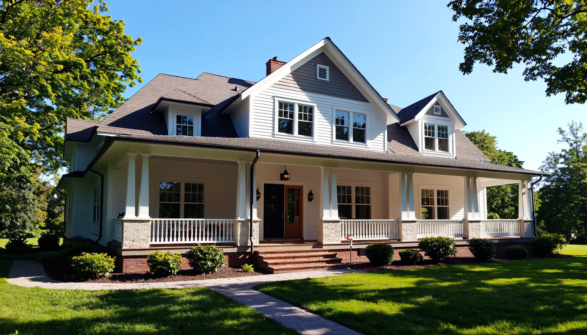 A Chattanooga craftsman home with a wide front porch and clean white seamless gutters along the roofline